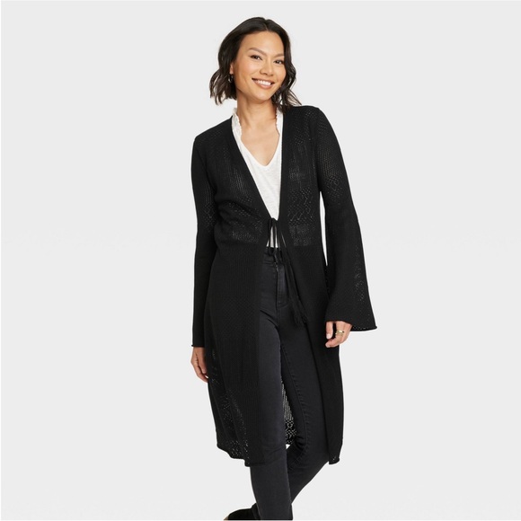 Knox Rose Sweaters - NWT Black Pointelle Duster Cardigan with Tassle Front Tie Closure